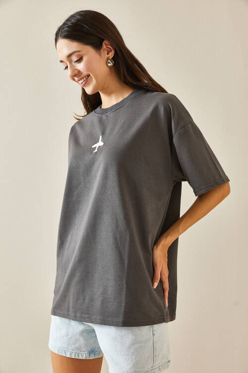 Antrasit Bisiklet Yaka Yazılı Oversize Tshirt 5YXK1-48701-36 - 5