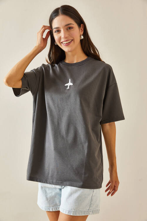 Antrasit Bisiklet Yaka Yazılı Oversize Tshirt 5YXK1-48701-36 - 6