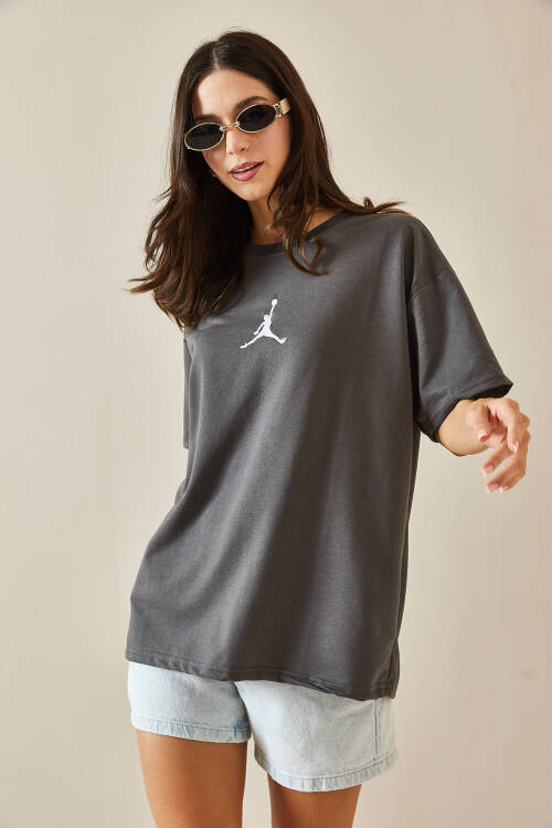 Antrasit Bisiklet Yaka Yazılı Oversize Tshirt 5YXK1-48702-36 - 6