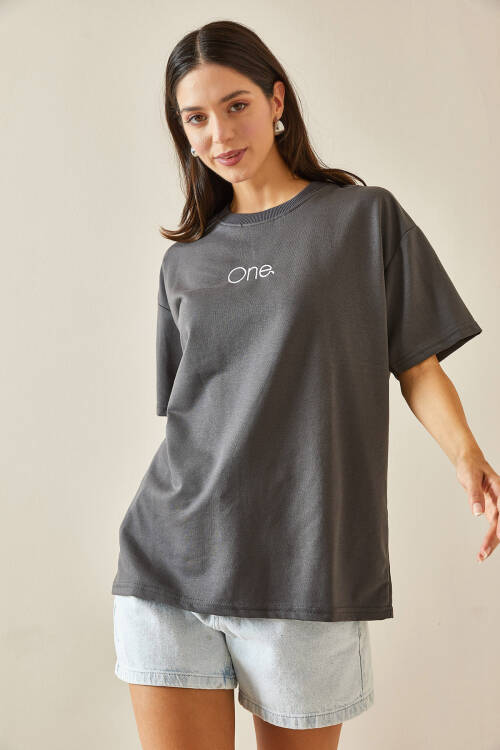 Antrasit Bisiklet Yaka Yazılı Oversize Tshirt 5YXK1-48703-36 - 4