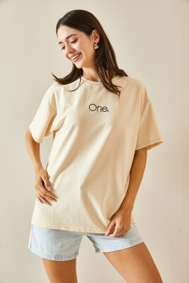 Bej Bisiklet Yaka Yazılı Oversize Tshirt 5YXK1-48703-25 - 4