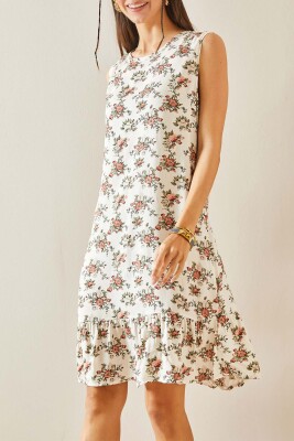 Bej Çiçek Desenli Kalın Askılı Midi Elbise 5YXK6-48418-25 - XHAN