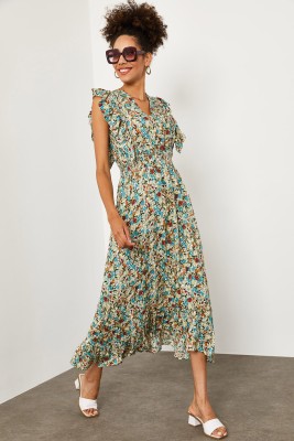 Bej Çiçekli Fırfırlı Elbise 2YXK6-46161-25 