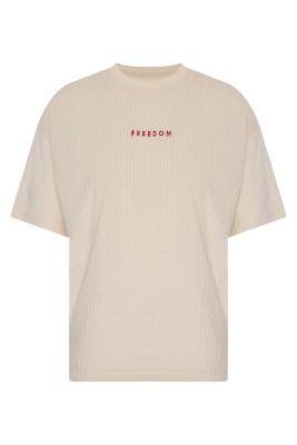 Bej Freedom Nakışlı Fitilli Oversize Tişört 2YXE2-45986-25 