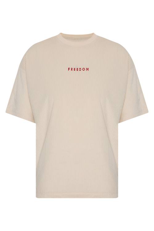 Bej Freedom Nakışlı Fitilli Oversize Tişört 2YXE2-45986-25 - 1