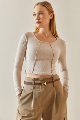 Bej Yuvarlak Yaka Kaşkorse Crop Basic Bluz 4KXK2-47888-25 