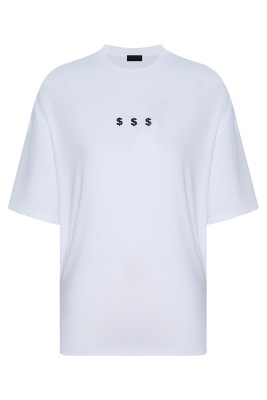 Beyaz Arkası Baskılı Dolar Detaylı Oversize Tişört 2YXE2-45949-01 - 3