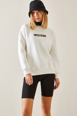 Beyaz Arkası Nakışlı Bisiklet Yaka Sweatshirt 4KXK8-47640-01 - 6