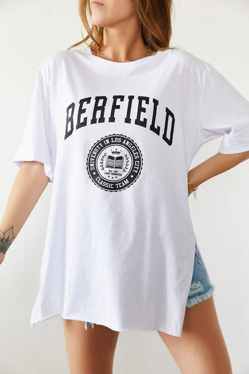 Beyaz Berfield Baskılı Yırtmaçlı Boyfriend Tişört 0YXK1-43905-01 - 1