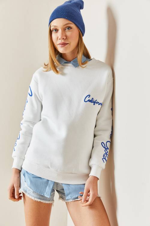 Beyaz Bisiklet Yaka Kolları Detaylı Sweatshirt 4KXK8-47751-01 - 3