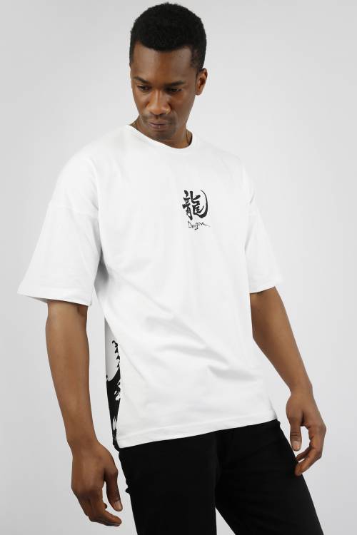 Beyaz Chinese Baskılı Oversize Tişört 1YXE1-44910-01 - 3