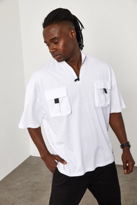 Beyaz Fermuar & Cep Detaylı Oversize Tişört 1YXE1-45085-01 
