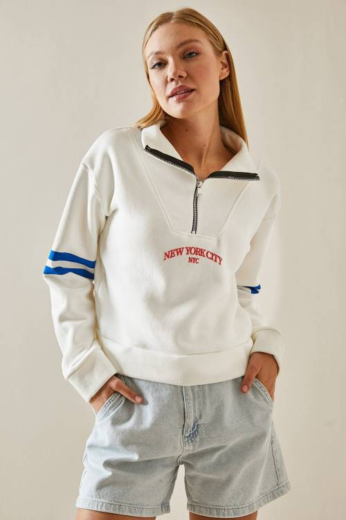 Beyaz Fermuar Detaylı Baskılı Sweatshirt 4KXK8-47608-01 - 2