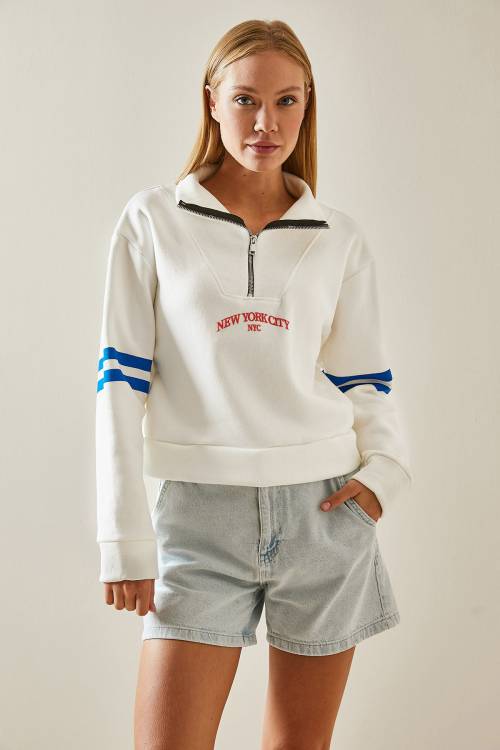 Beyaz Fermuar Detaylı Baskılı Sweatshirt 4KXK8-47608-01 - 3