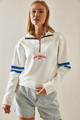 Beyaz Fermuar Detaylı Baskılı Sweatshirt 4KXK8-47608-01 - 6