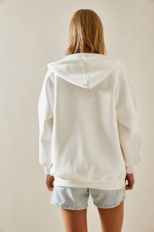 Beyaz Fermuarlı Kapüşonlü Sweatshirt 4KXK8-47606-01 - 8