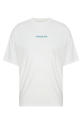 Beyaz Freedom Nakışlı Fitilli Oversize Tişört 2YXE2-45986-01 - XHAN