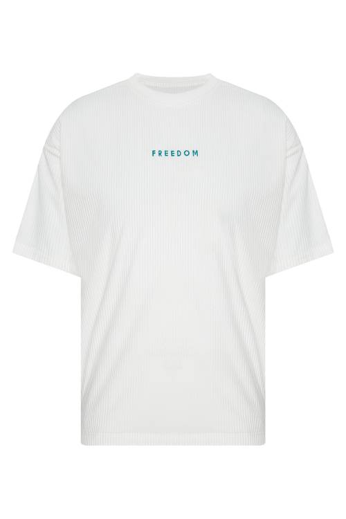 Beyaz Freedom Nakışlı Fitilli Oversize Tişört 2YXE2-45986-01 - 1