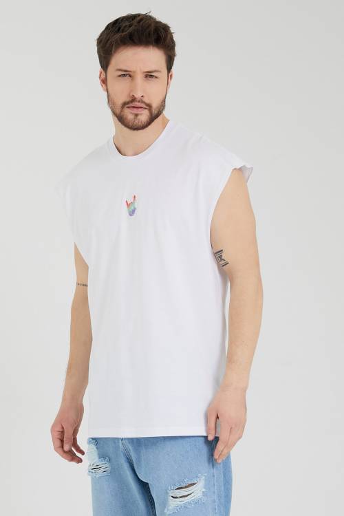 Beyaz Ön & Arka Baskılı Kolsuz Sporcu Tişört 1KXE1-44800-01 - 3