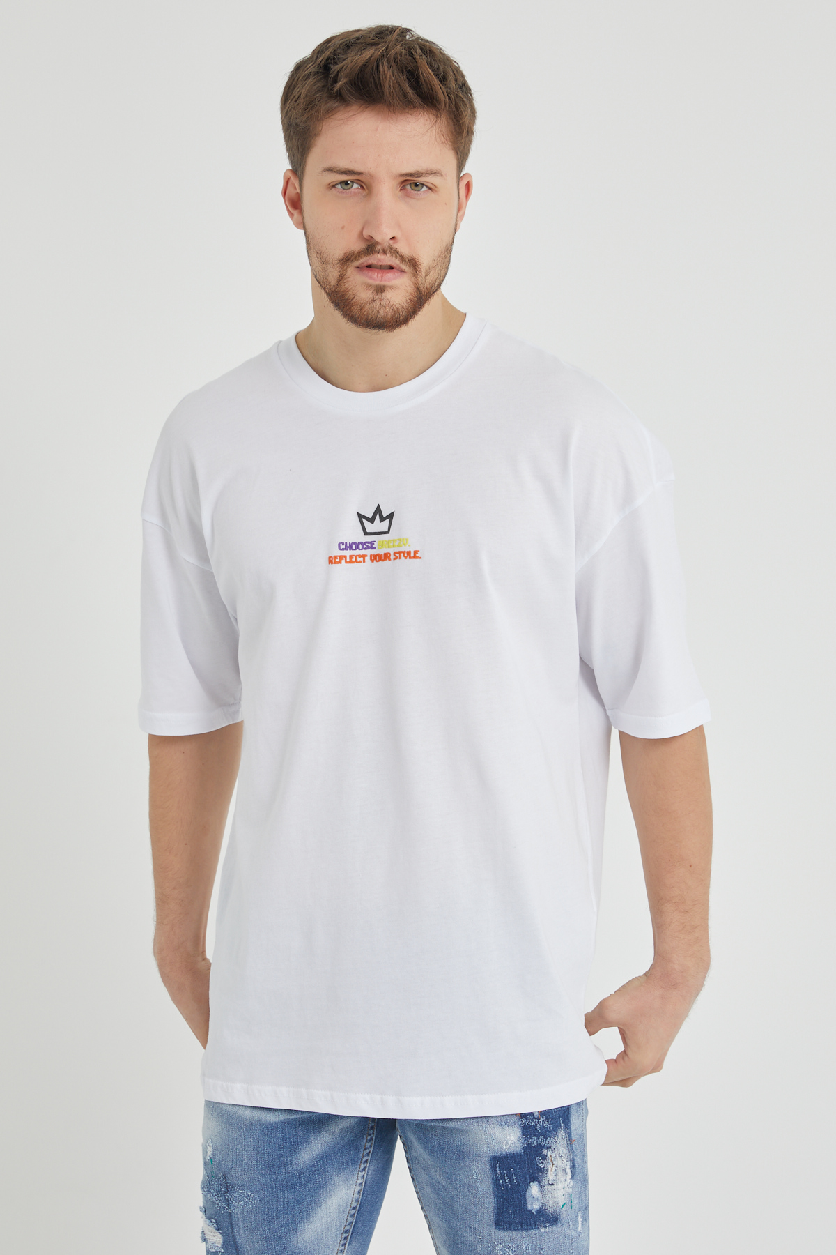 Beyaz Önür & Arkası Baskılı Oversize Tişört 1KXE1-44650-01 - 3