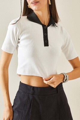 Beyaz Polo Yaka Düğmeli Crop T-Shirt 5YXK2-48437-01 - XHAN