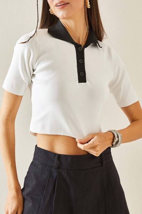 Beyaz Polo Yaka Düğmeli Crop T-Shirt 5YXK2-48437-01 - 1