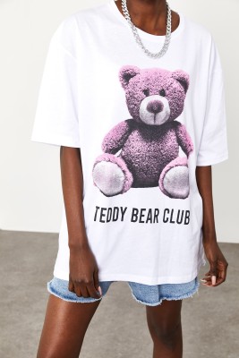 Beyaz Teddy Bear Baskılı Salaş Tişört 2KXK1-45433-01 - 1