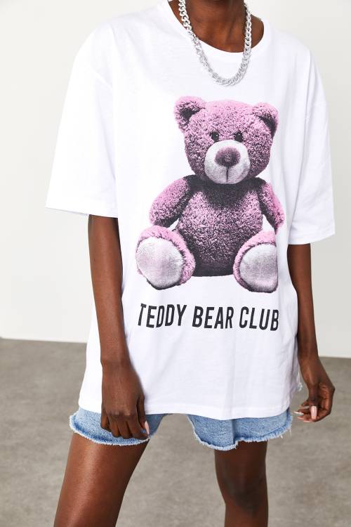 Beyaz Teddy Bear Baskılı Salaş Tişört 2KXK1-45433-01 - 1