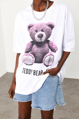 Beyaz Teddy Bear Baskılı Salaş Tişört 2KXK1-45433-01 - 2