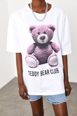Beyaz Teddy Bear Baskılı Salaş Tişört 2KXK1-45433-01 - 3