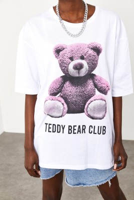 Beyaz Teddy Bear Baskılı Salaş Tişört 2KXK1-45433-01 - 4