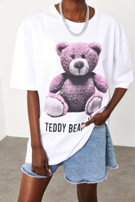 Beyaz Teddy Bear Baskılı Salaş Tişört 2KXK1-45433-01 - 5
