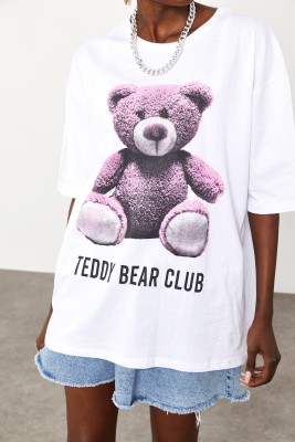 Beyaz Teddy Bear Baskılı Salaş Tişört 2KXK1-45433-01 - 6