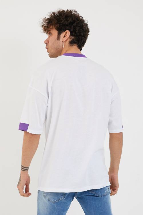 Beyaz Yakası & Kolu Garnili Baskılı Oversize Tişört 1YXE1-44880-01 - 7