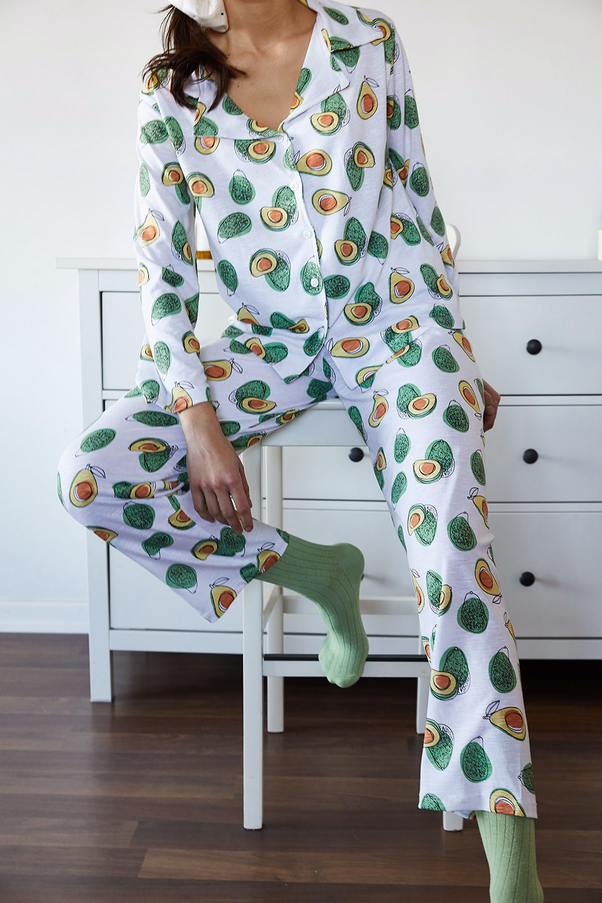 Beyaz & Yeşil Avokado Desenli Pijama Takımı 1KXK8-44700-78 - 1