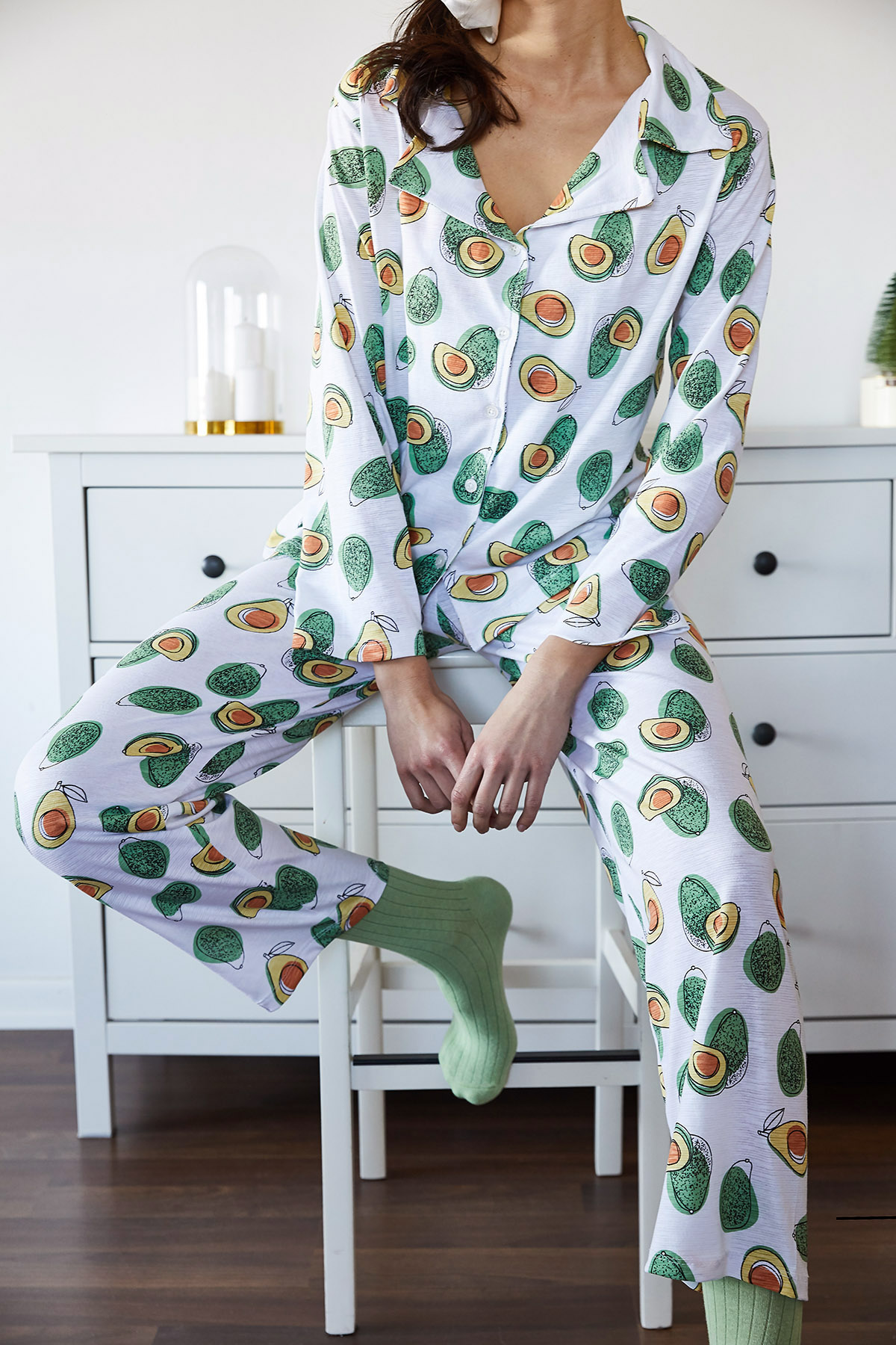 Beyaz & Yeşil Avokado Desenli Pijama Takımı 1KXK8-44700-78 - 3