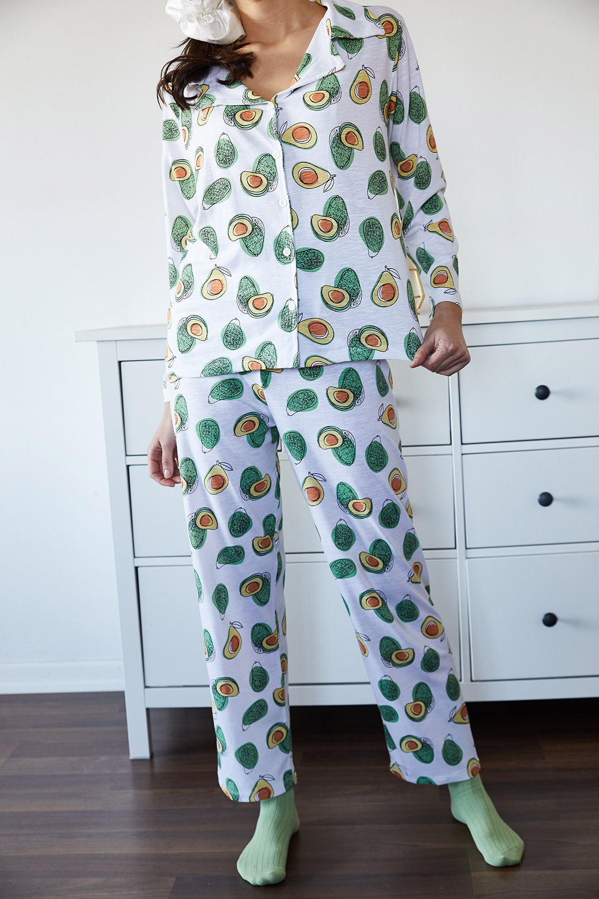 Beyaz & Yeşil Avokado Desenli Pijama Takımı 1KXK8-44700-78 - 4