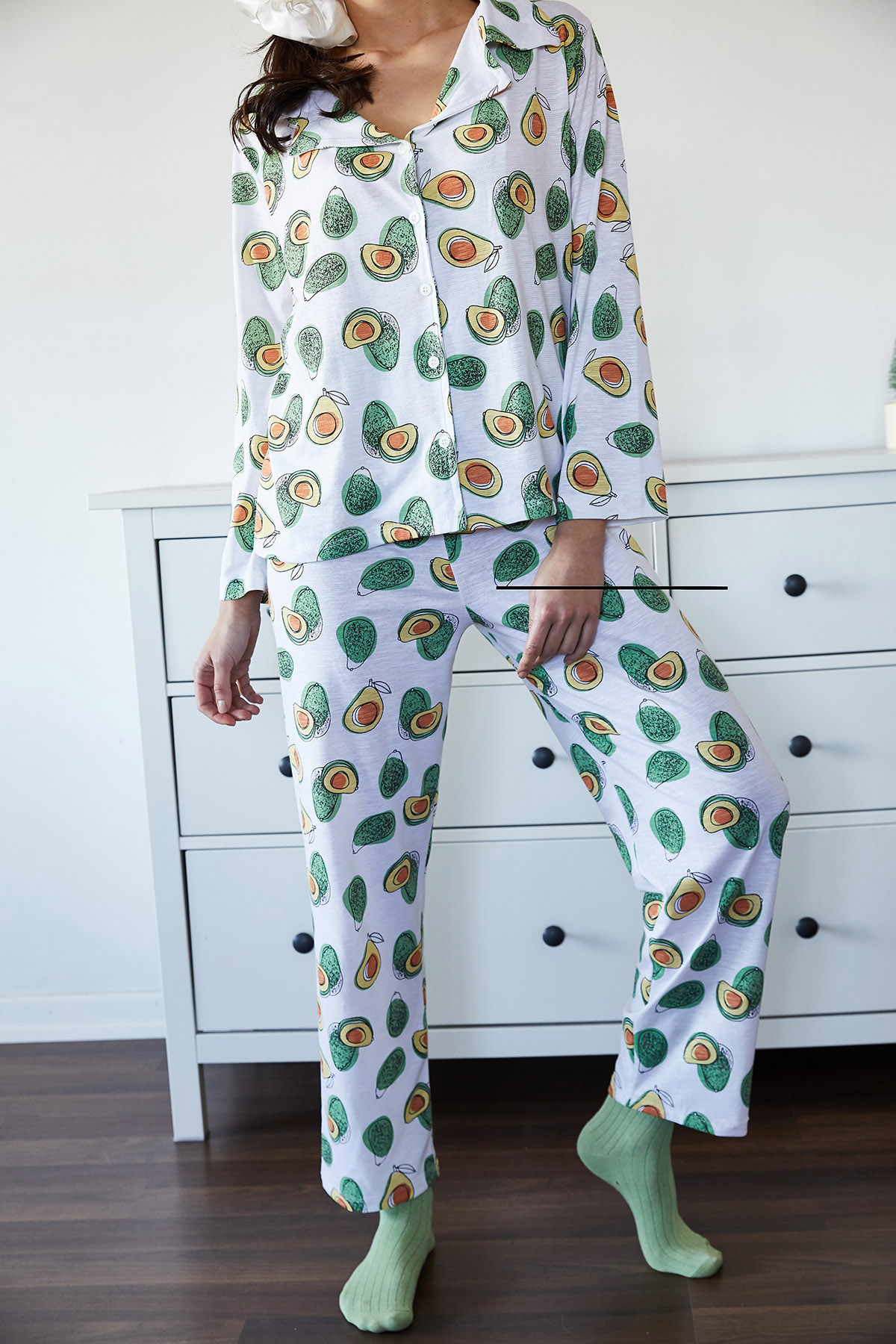 Beyaz & Yeşil Avokado Desenli Pijama Takımı 1KXK8-44700-78 - 5