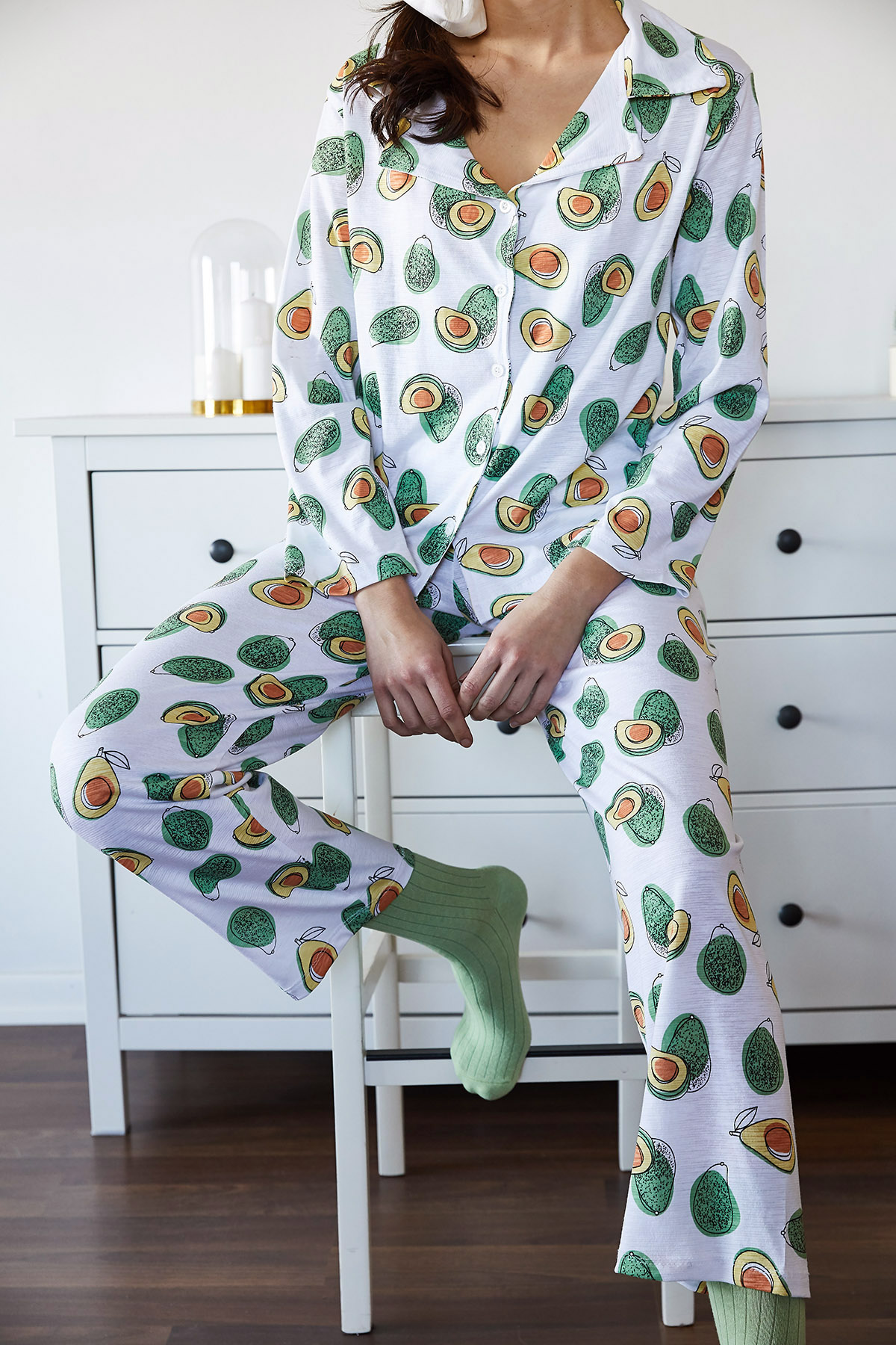 Beyaz & Yeşil Avokado Desenli Pijama Takımı 1KXK8-44700-78 - 6