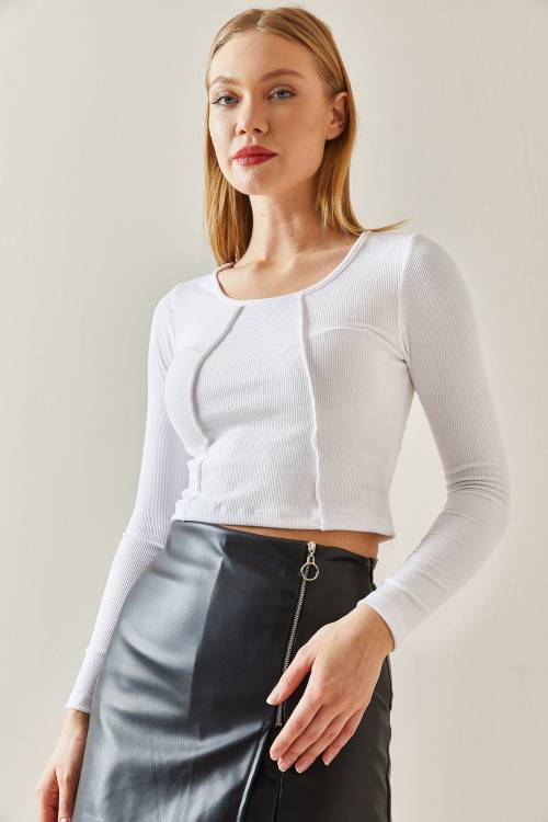 Beyaz Yuvarlak Yaka Kaşkorse Crop Basic Bluz 4KXK2-47888-01 - 5