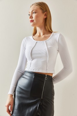 Beyaz Yuvarlak Yaka Kaşkorse Crop Basic Bluz 4KXK2-47888-01 - 6