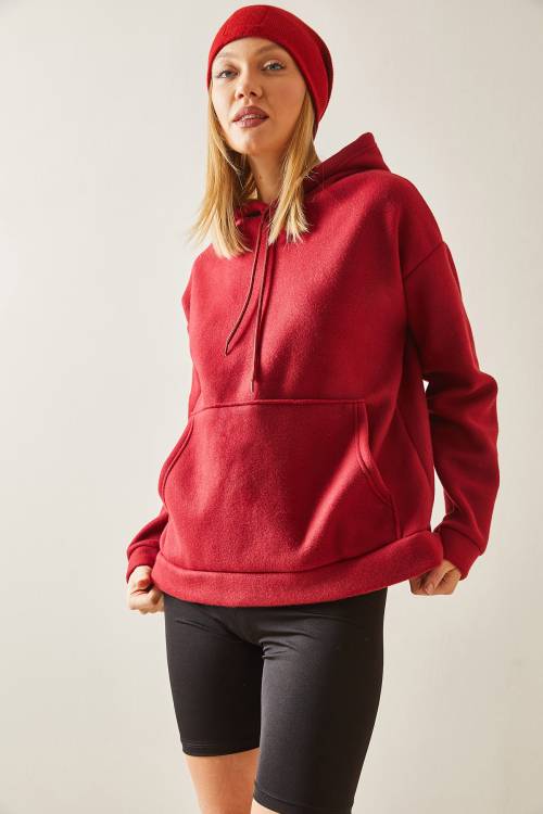 Bordo Kanguru Cepli & Kapüşonlu Polar Sweatshirt 4KXK8-47857-05 - 3