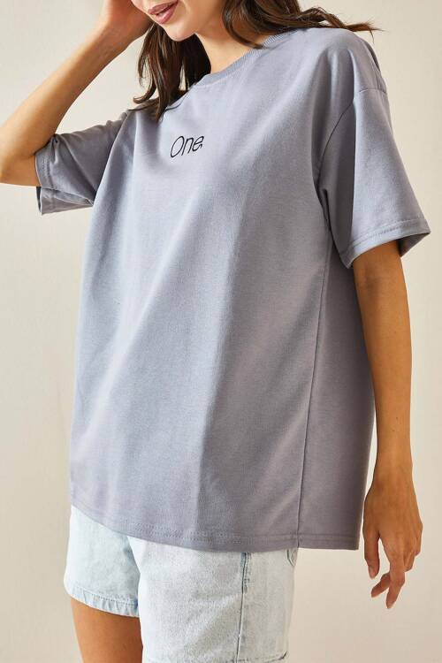 Buz Mavisi Bisiklet Yaka Yazılı Oversize Tshirt 5YXK1-48703-43 - 1