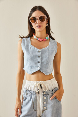 Buz Mavisi Denim Crop Yelek 5YXK4-48705-43 - 3