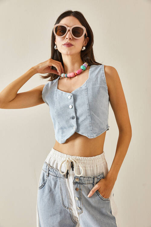 Buz Mavisi Denim Crop Yelek 5YXK4-48705-43 - 4