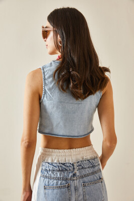 Buz Mavisi Denim Crop Yelek 5YXK4-48705-43 - 5