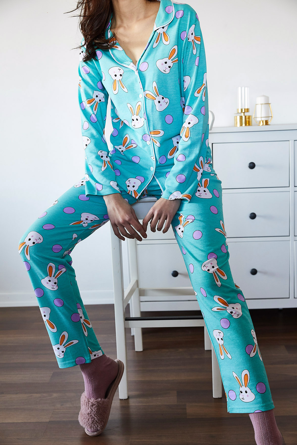 Buz Mavisi Tavşan Desenli Pijama Takımı 1KXK8-44721-43 - 1