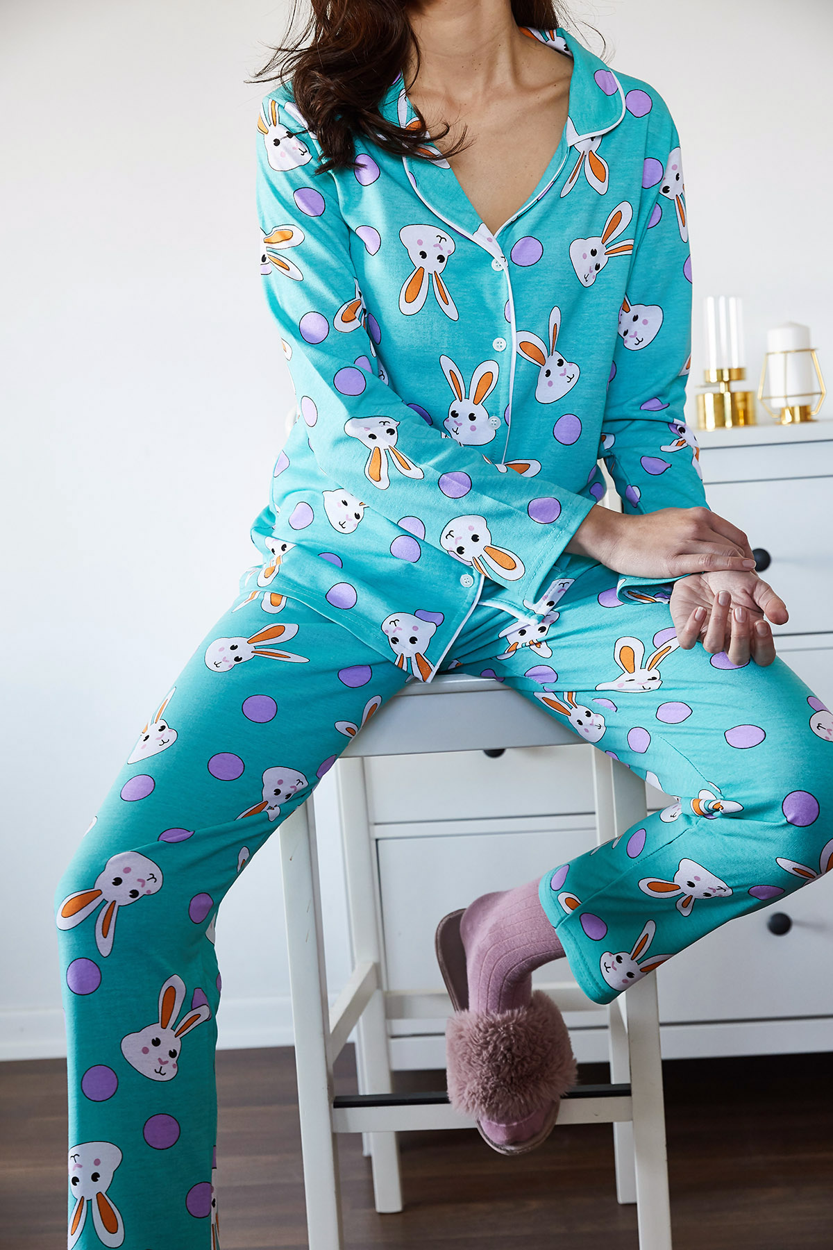 Buz Mavisi Tavşan Desenli Pijama Takımı 1KXK8-44721-43 - 4