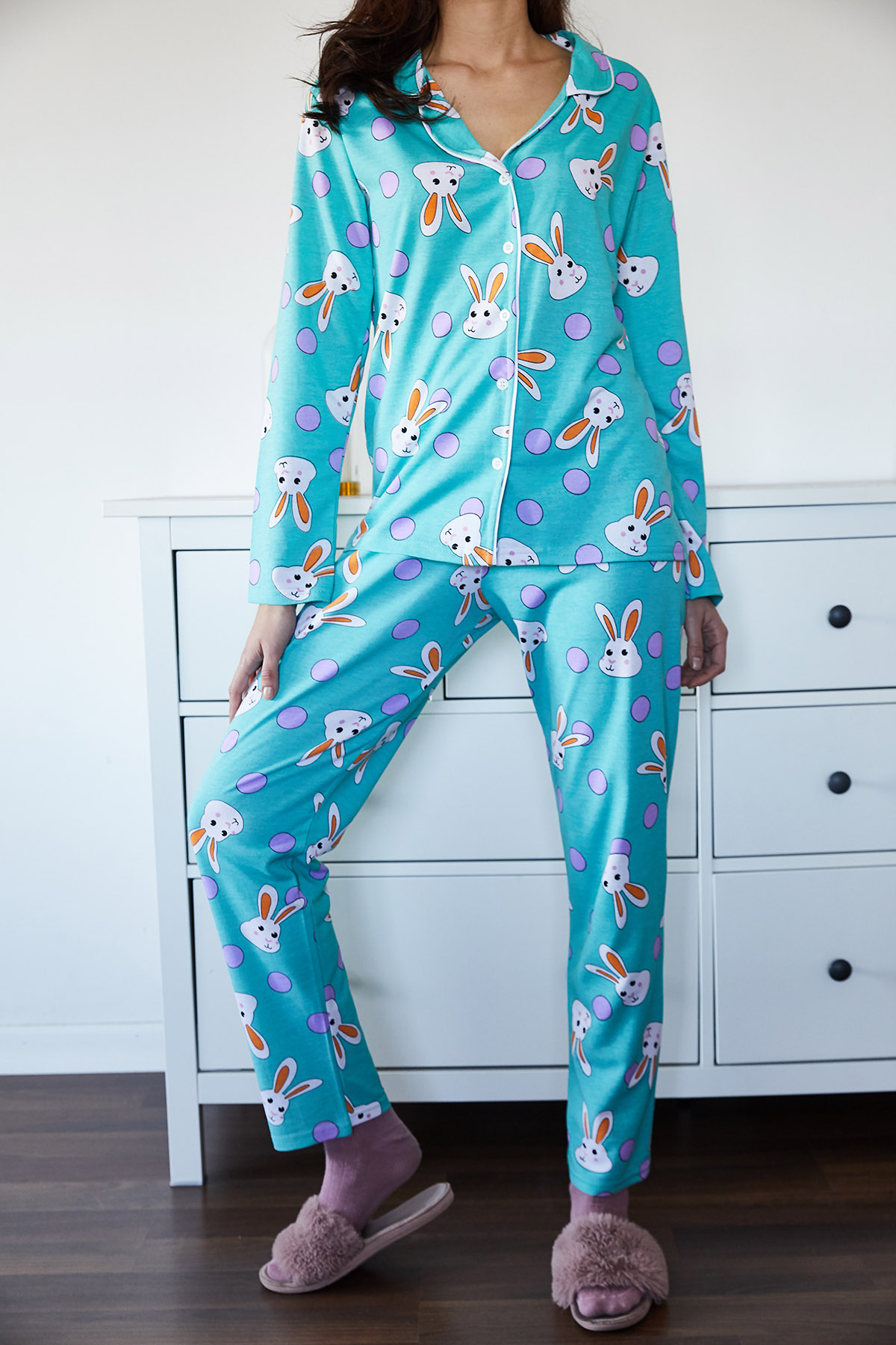 Buz Mavisi Tavşan Desenli Pijama Takımı 1KXK8-44721-43 - 5