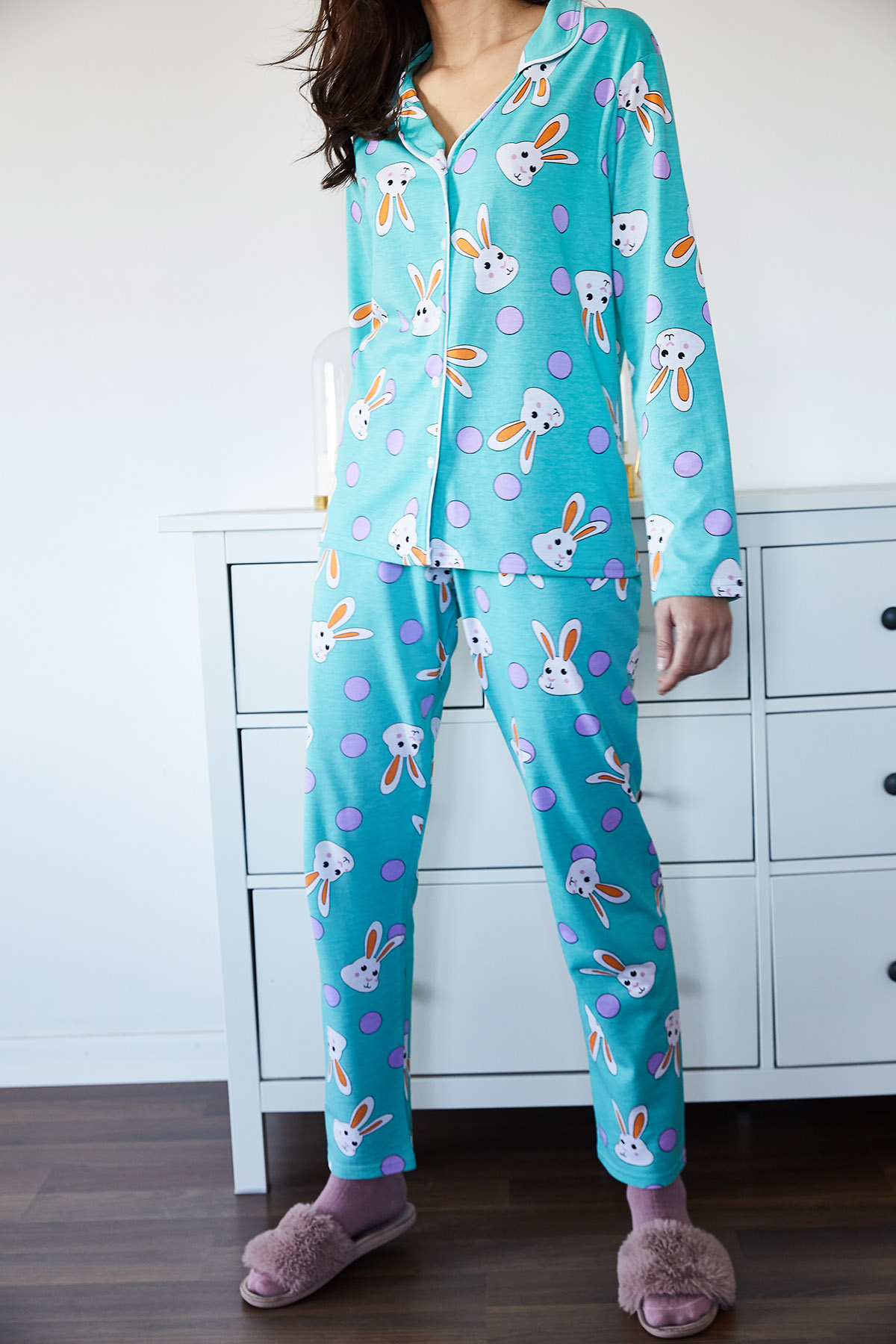 Buz Mavisi Tavşan Desenli Pijama Takımı 1KXK8-44721-43 - 6